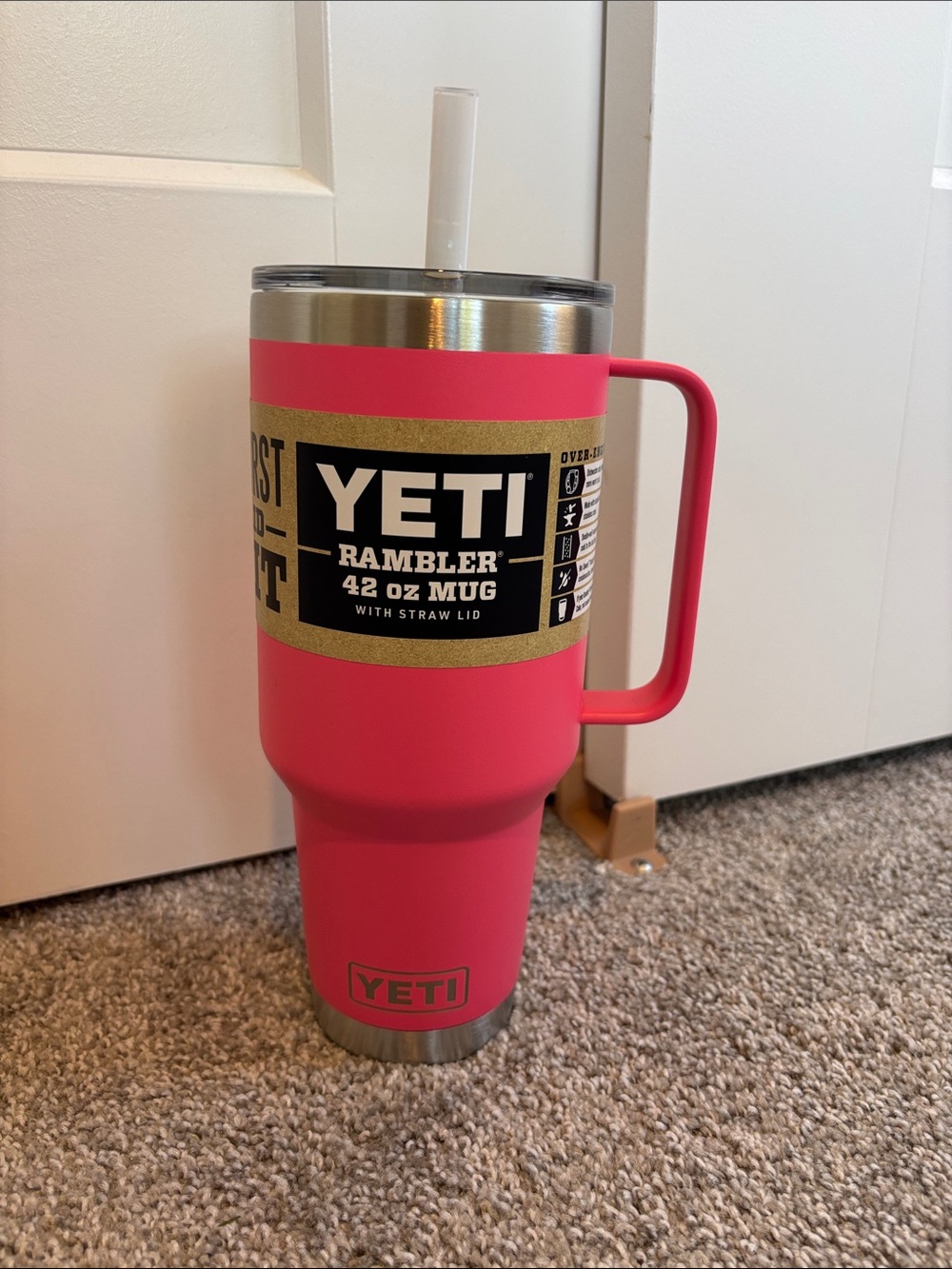 Yeti Rambler 42 oz Mug in Tropical Pink with Handle and Straw Lid